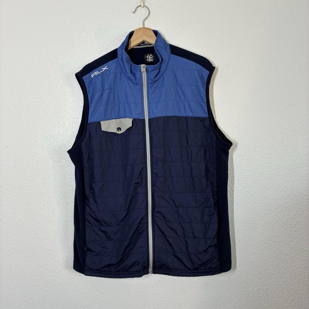 RLX Ralph Lauren Vest Mens XL Blue Quilted Fleece Lined Full Zip Golf Outdoor